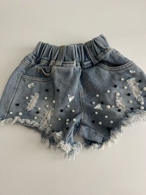 Lola + The Boys Light Blue Denim Pearl & Stud Embellished Shorts